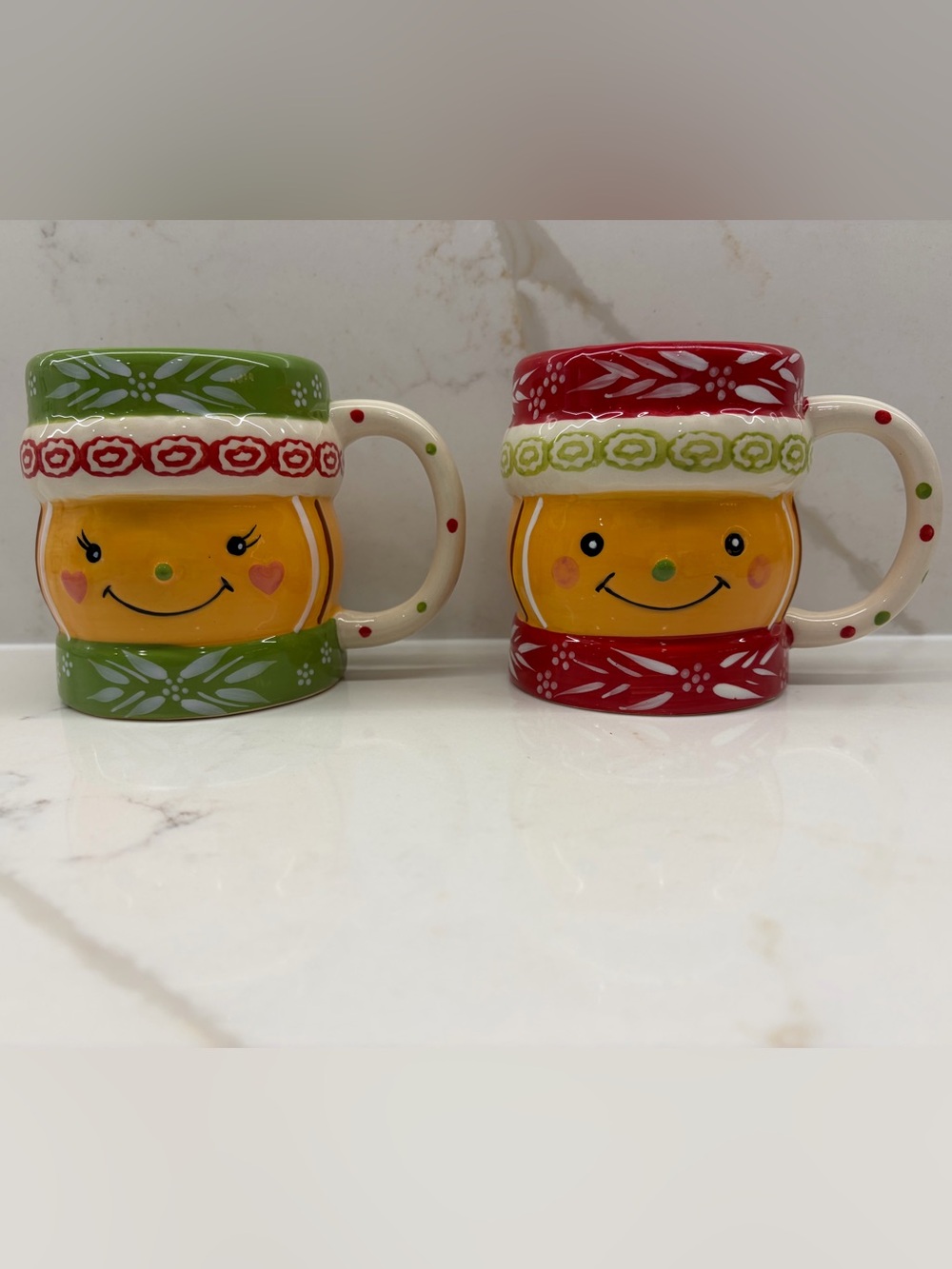 New Pair of Winter Whimsy His Hers Smiley  
Gingerbread Hand painted Ceramic Mug